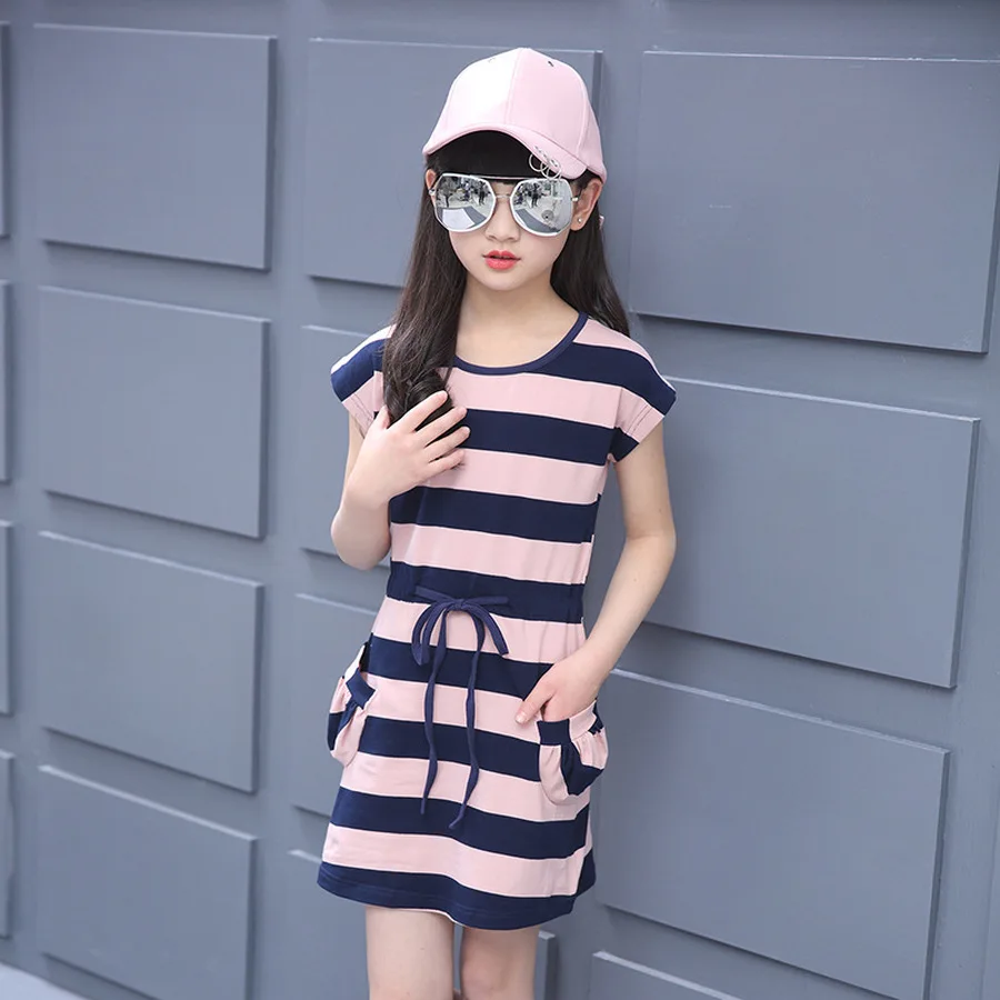 

Famli Big Girls Summer Striped Cotton Dress Kids Casual Short Sleeve Dresses 4-14Y Teenager Dress Clothing 10 12 14