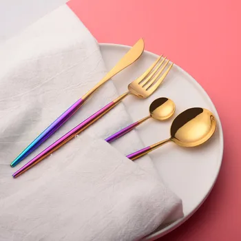 

24pcs/set New Portuguese Colourful Stainless Steel Cutlery Set Flatware Set Dinner Knives Fork Spoon Set Dinnerware Tableware