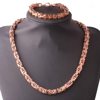 

Charm Men's Women's 8mm Wide Rose Gold Color Stainless Steel Byzantine Chain Necklace&Bracelet Jewelry Sets 8-28 Inches Long