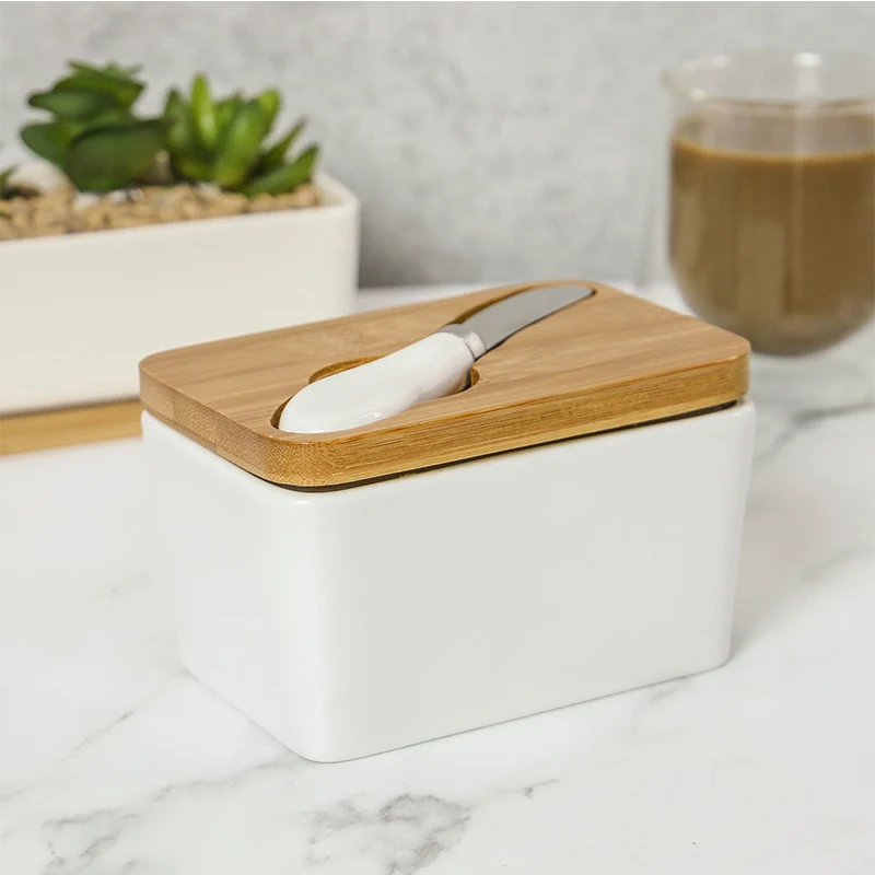 

Porcelain Butter Dish with Wooden Lid Cutter Insulated Storage Container 899