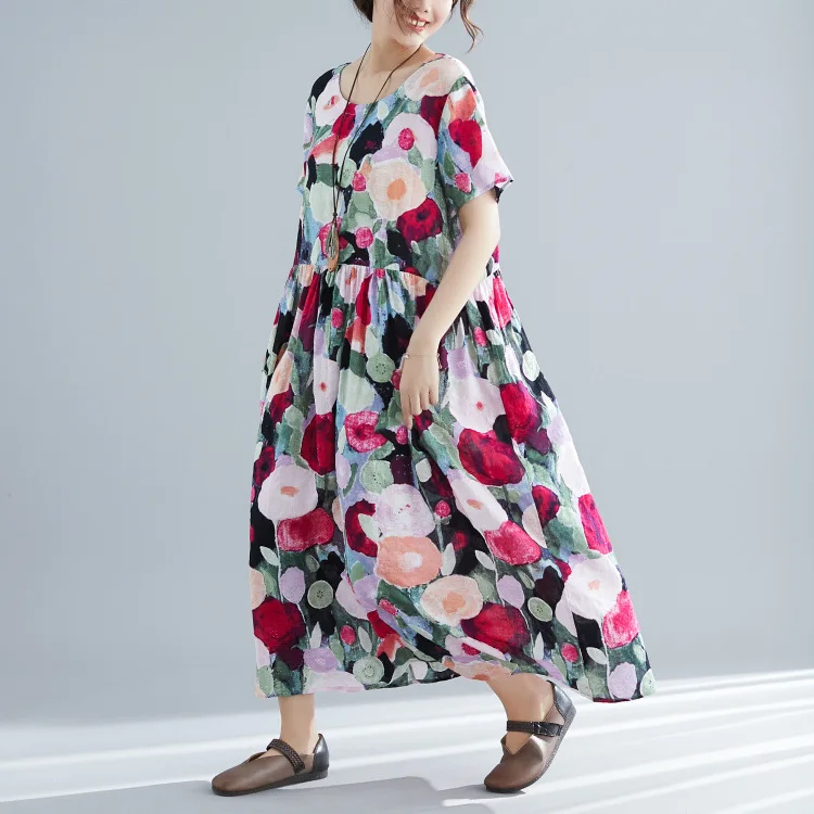 Johnature, стиль, хлопок, цветочный принт, Корейская версия моды, свободное повседневное женское платье, летнее женское платье с коротким рукавом