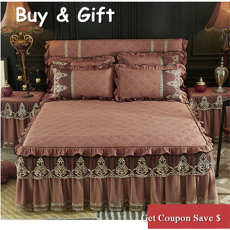 

Sanding cotton material 3pcs pure color lace edge bedskirt sets thickened bedspread and pillowcases high quality bed cover