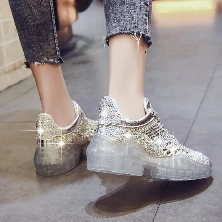 Новая мода стразы Для женщин со шнуровкой прогулочная обувь из дышащего материала Для женщин обувь круглый носок повседневная прогулочная обувь Для женщин; zapatos mujer