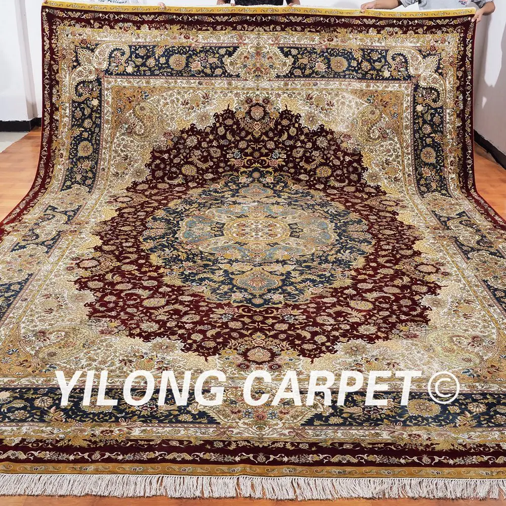 YILONG 10'x14' handmade turkey large silk rug blue and red medallion luxury exquisite carpet