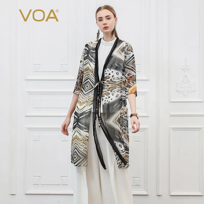 

VOA Silk Cardigan Summer Coats Office Ladies Women Clothing Korean Fashion Clothes Leopard Print Lace Up Thin Trench Coats B637