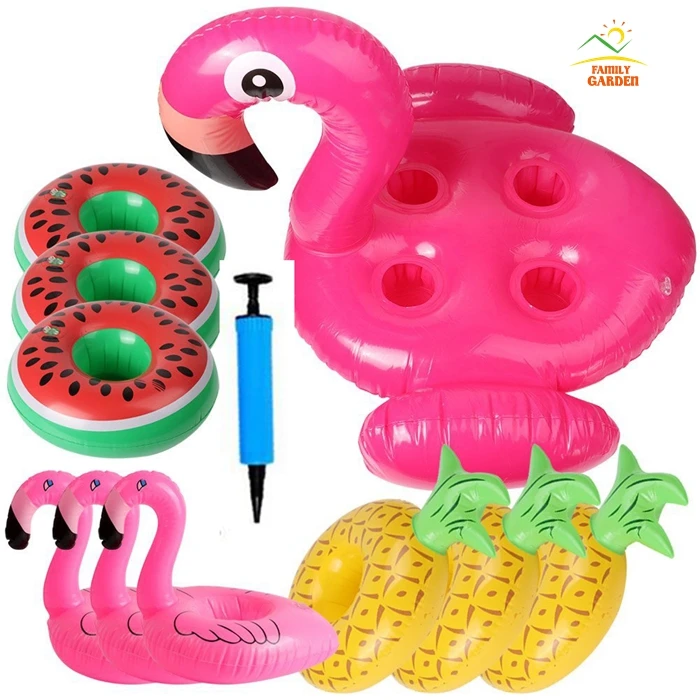 

Inflatable Flamingo 4 Holes Cup Holder Pineapple Watermelon Swimming Drink Floating Coasters For Pool Party-11pcs With Hand Pump