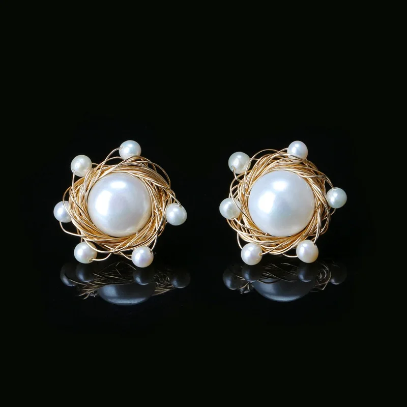 

Luxurious 14K Gold Plated Handmade 11-12mm Freshwater Pearl Stud Earring Jewelry 925 Sterling Sliver Sun Ear Earring Joyeria