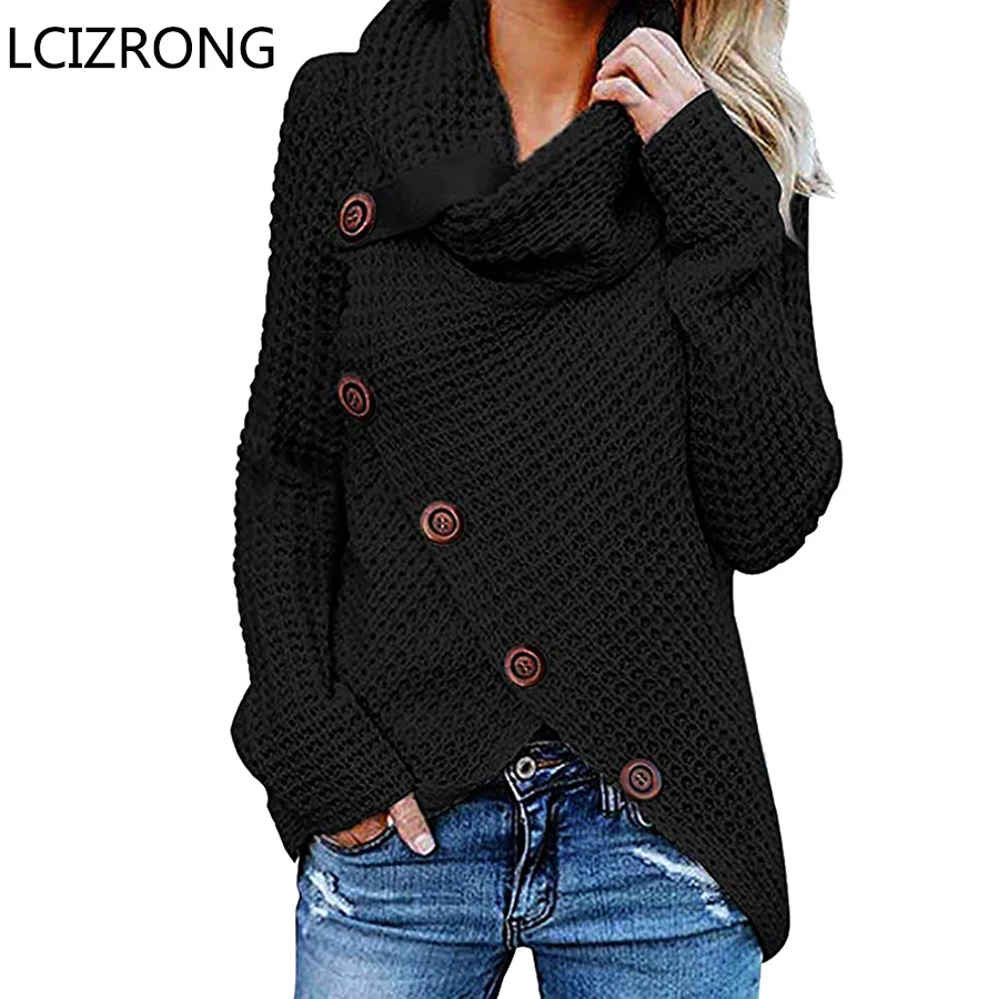 

Fashion Solid Scarf Collar Sweaters Women Casual Irregular Plus Size Pullovers Black Slim Knitted Tops Female