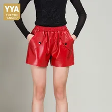High Quality Comfort Female Shorts Sheepskin Leather Elastic Waist Casual Trousers Straight OL Korean Fashion Woman Red Pantalon High Quality Comfort Female Shorts Sheepskin Leather Elastic Waist Casual Trousers Straight OL Korean Fashion Woman Red Pantalon