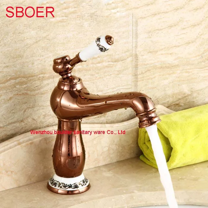 

Charming Blue and white Brass Copper with Single Handle Bathroom Basin Rose gold faucet, Deck Mounted Hot and cold Water Tap