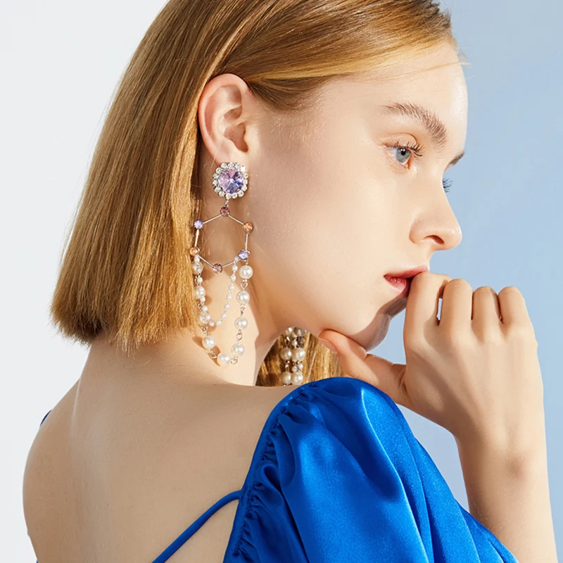 

Earrings For Women 2018 Purple Rhinestone Statement Drop Dangle Earrings with Pearl Fashion Jewelry