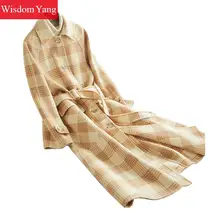 Elegante Winter Warme Jas Geel Plaid Schapen Wol Alpaca Koreaanse Vrouwen Jassen Lange Vintage Slanke Wollen Overjas Dames Bovenkleding(China)