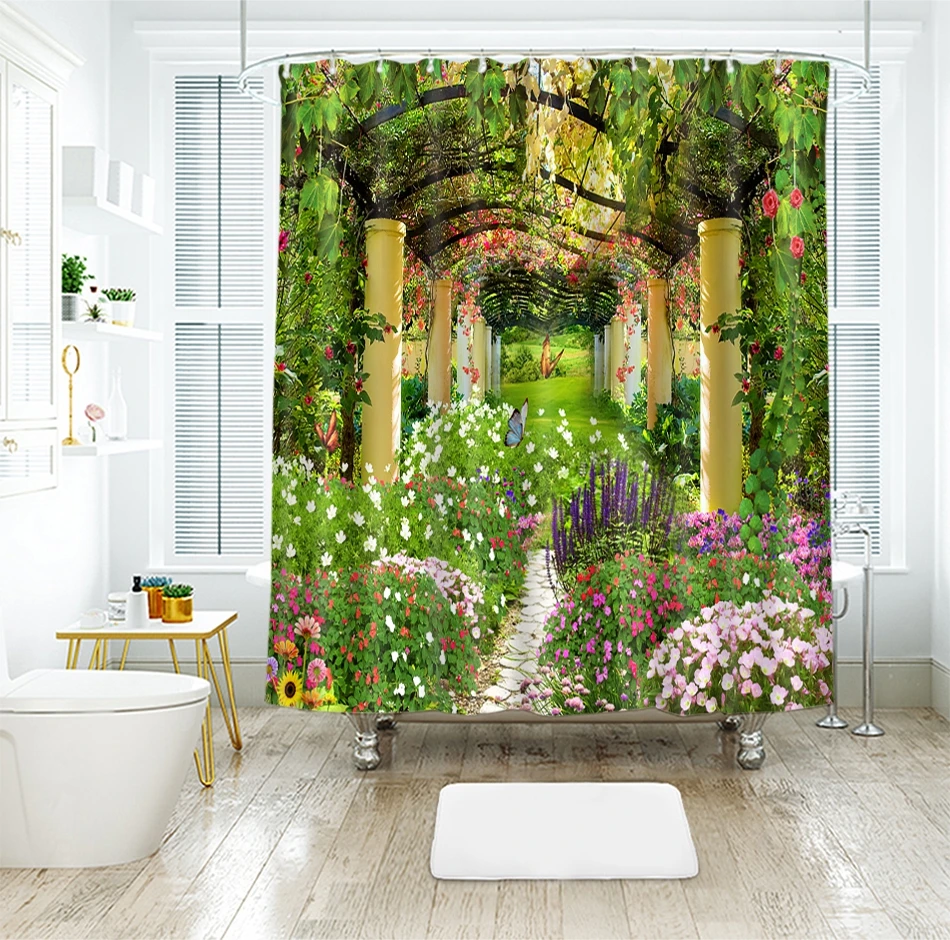 Waterproof Shower Curtain 3D Printed Bamboo Phalaenopsis Bathroom with 12 Hooks 