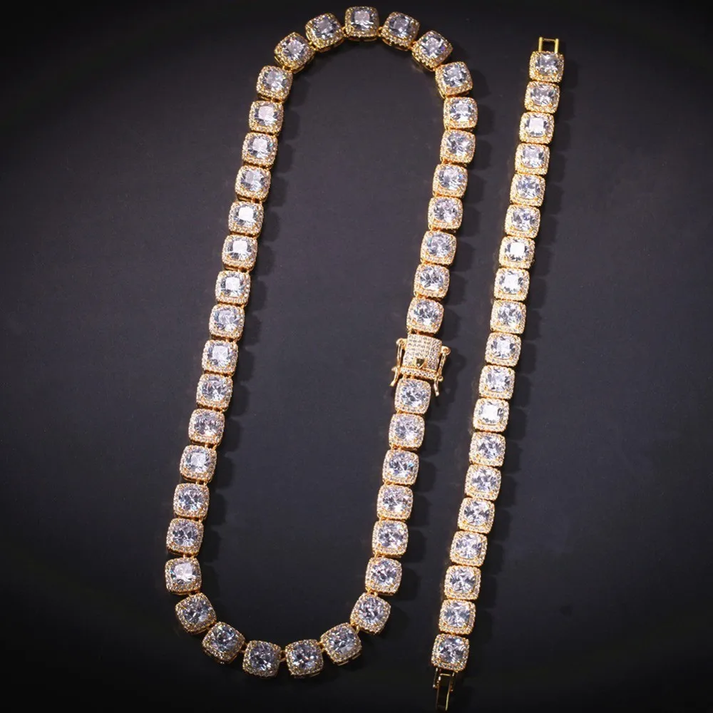 

10mm Jewelry Set Gold/white Gold Bling Square Iced Link Chain Necklace & Bracelet Bundle Top Quality Hiphop Drop Shipping