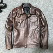 Осенне-зимняя мужская одежда, мужские винтажные коричневые кожаные куртки из коровьей кожи, короткие дизайнерские мужские повседневные пальто с отложным воротником