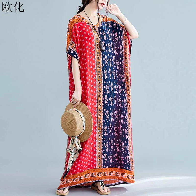 

Plus Size Bohemian Dress 4XL 5XL 6XL For Women Robe Vintage Ethnic Print Cotton Maxi Dresses Summer Sundress Loose Batwing Dress