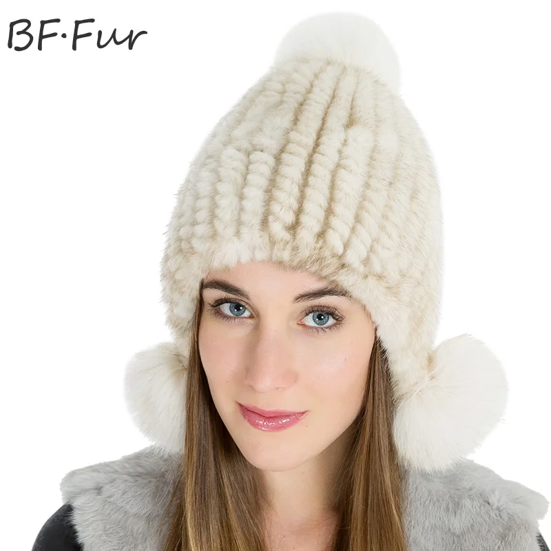 BFFUR 2017 NEW Natural White Real Mink Fur Hats Women's Winter Warm