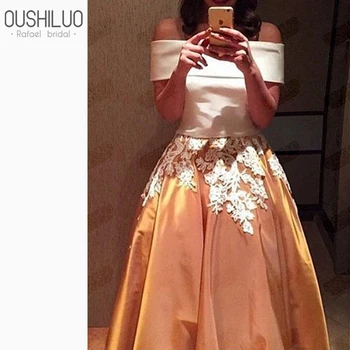 

Lovely Two Piece Puffy A Line Prom Dresses With Floral Appliques White Satin Top Golden Skirt Off The Shoulder Party Dress Gown