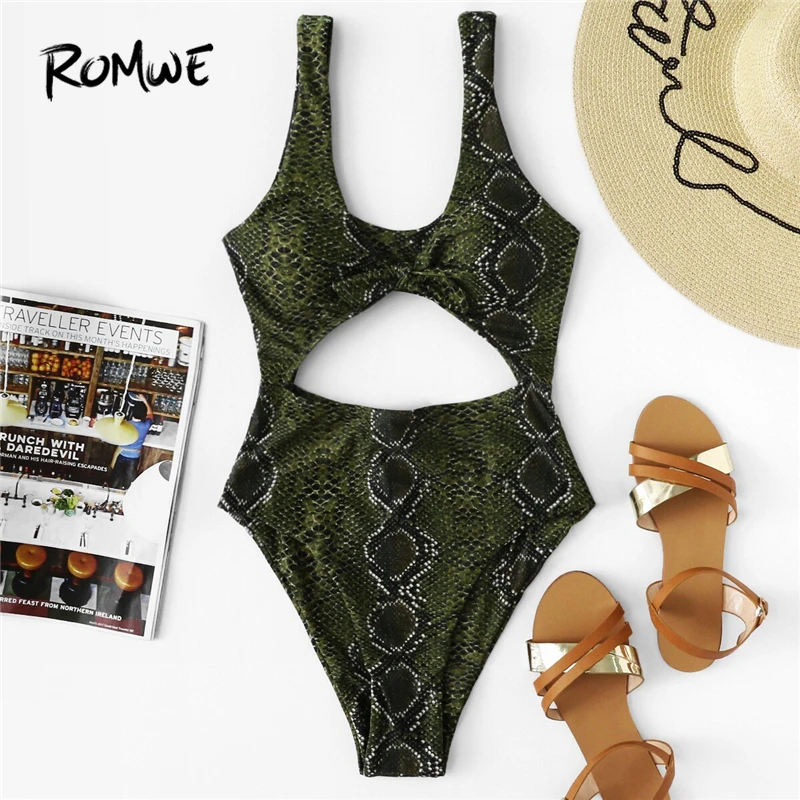 

Romwe Sport Green One-Piece Suits Snake Print Cut-Out Swimsuit Women Summer Sexy Knot Scoop Neck High Cut Monokinis Swimwear