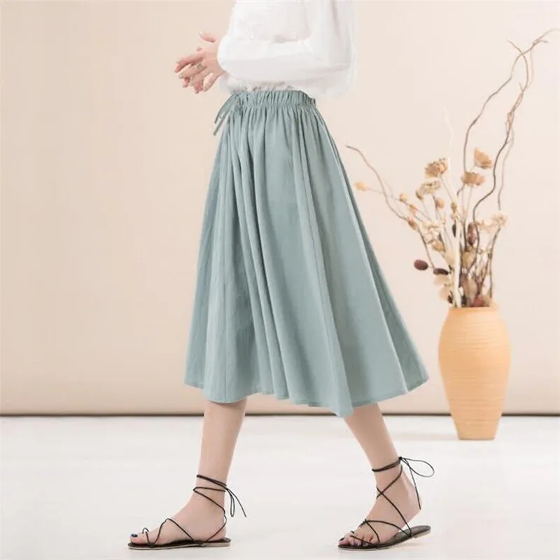 Женская длинная Плиссированная юбка A Linen винтажная из хлопка с поясом на резинке