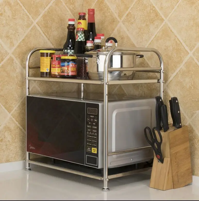  Stainless steel double shelf kitchen microwave oven rack oven storage rack seasoning supplies rack  - 32875659821