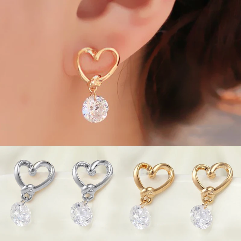 

Korean fashion Charm Female Hollow Heart zircon Jewelry Women Golden Silvery Earrings Gift Dangle Earrings