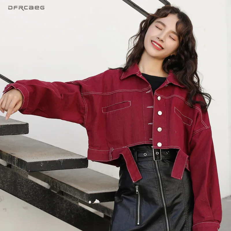 

Candy Color Vintage Woman Short Jean Coats 2018 Spring Loose Chic Long Sleeve Female Denim Jackets Outwear With Back Pocket