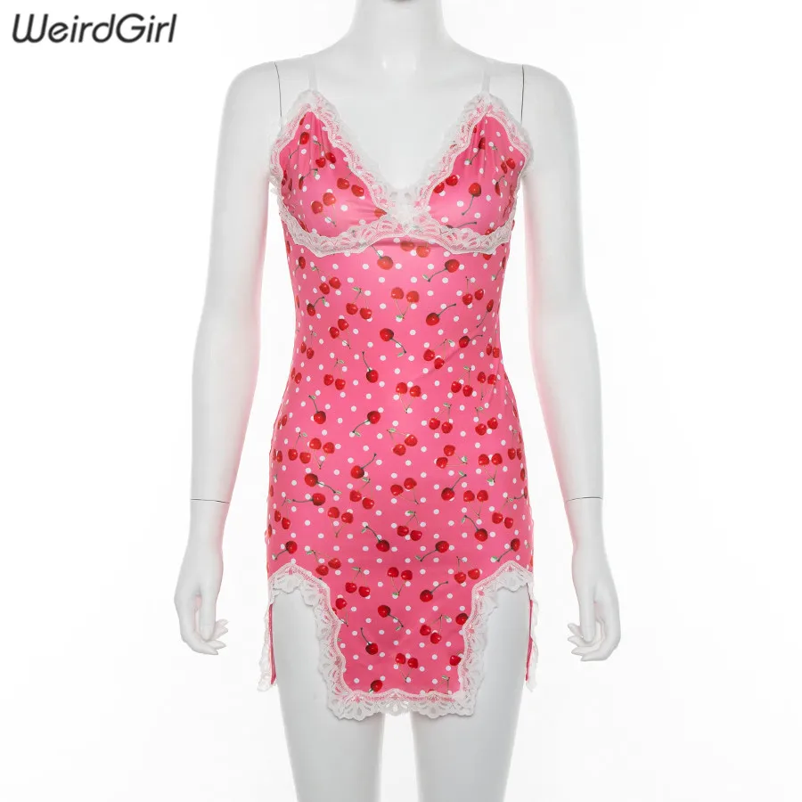 Weirdgirl women lace up cherry dot print sexy dress slip slit cute girl pink vestidos sleeveless v-neck bodycon femme short mini Weirdgirl women lace up cherry dot print sexy dress slip slit cute girl pink vestidos sleeveless v-neck bodycon femme short mini