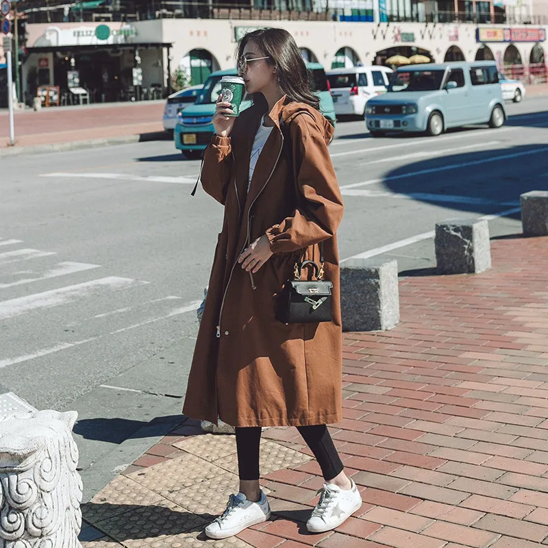 2019 Lâche Long Femmes Manteau La Trench Femelle Capuche Hauts Dark vent Coupe De Automne Colour Printemps coat Green Décontracté Mince Genou Outwear Coréenne caramel L354ARjq