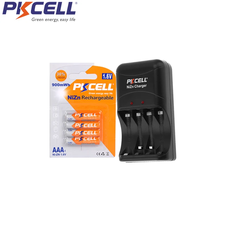 Kopen 4PCS PKCELL aaa NIZN Oplaadbare Batterijen 900mwh 1.6v ni zn batterijen en nizn Batterij Oplader Voor 2 om 4 Stuks AA of AAA batteri
