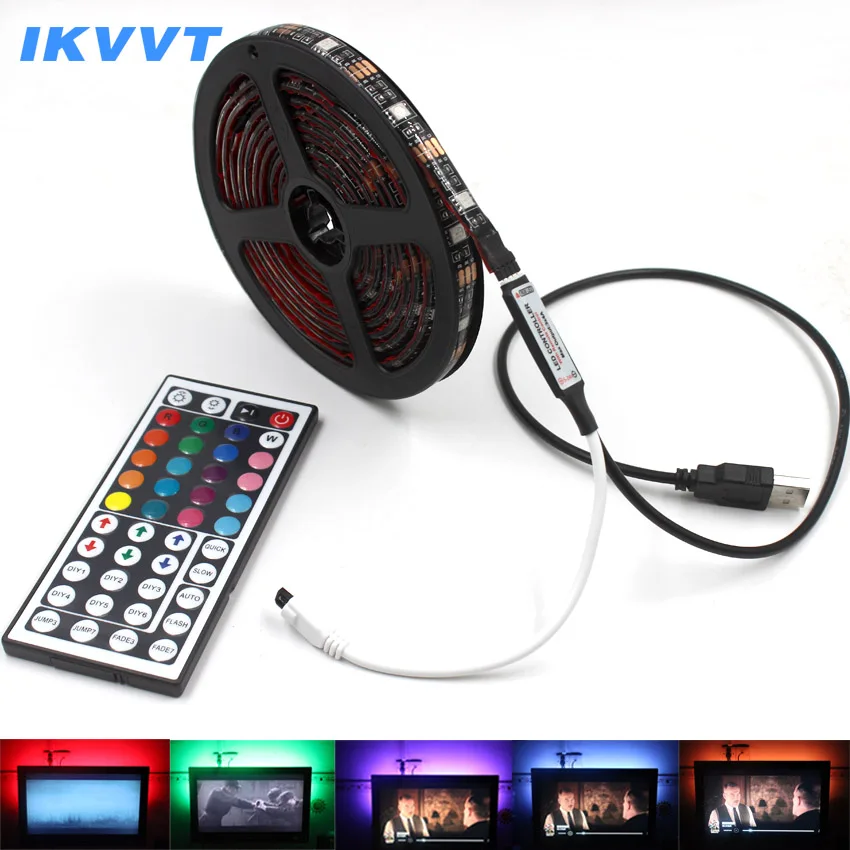 

IKVVT USB LED Strip String Lights Tape Lamp 5050 SMD RGB USB Cable 44k Remote Controller for LCD Monitor TV Background Light set