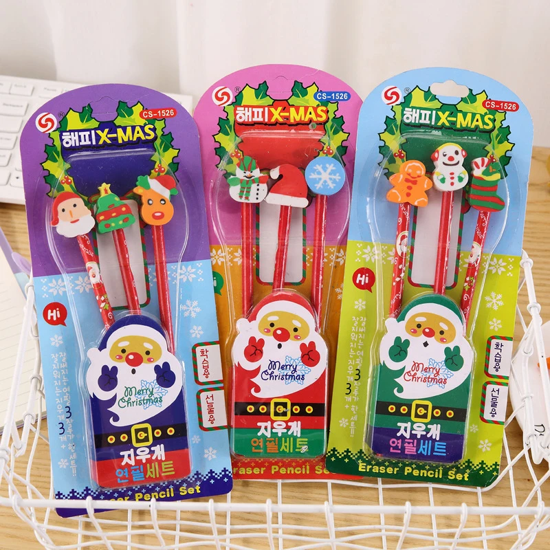 

3pcs/lot Cartoon Christmas Eraser Cap HB Wooden Pencil Stationery Student Writing Pencil School Supply Children New Year Gift