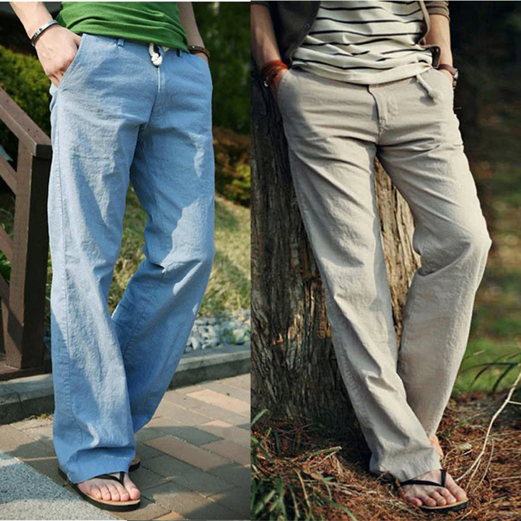 Плюс Размеры 3XL мужские комфорт льняные брюки 2018 летние свободные удобные длинные брюки мужские Drawstring эластичный пояс пляжные брюки