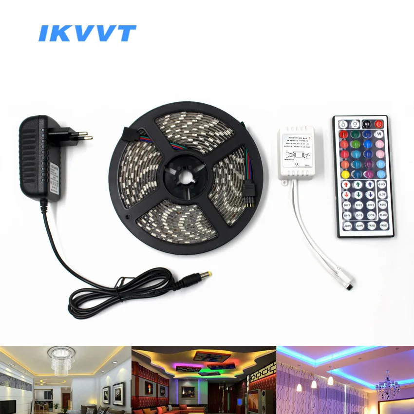 

IKVVT RGB LED Strip Light Kit SMD 5050 30leds/m 60leds/m 12V LED Light Tape Lamp 44 Keys IR Remote Controller+12V Power Adapter