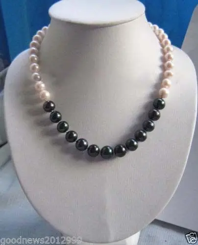 

14k/20 white gold clasp AAA 9-12MM NATURAL Black with white PEARL NECKLACE 18
