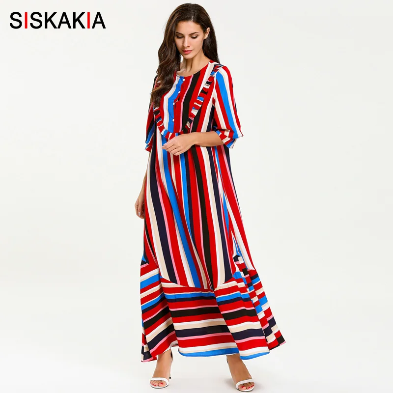 

Siskakia Colored Stripes Patchwork Woman Long Dress Spring Summer 2019 Muslim Single Breasted Casual Breastfeeding Dresses Maxi