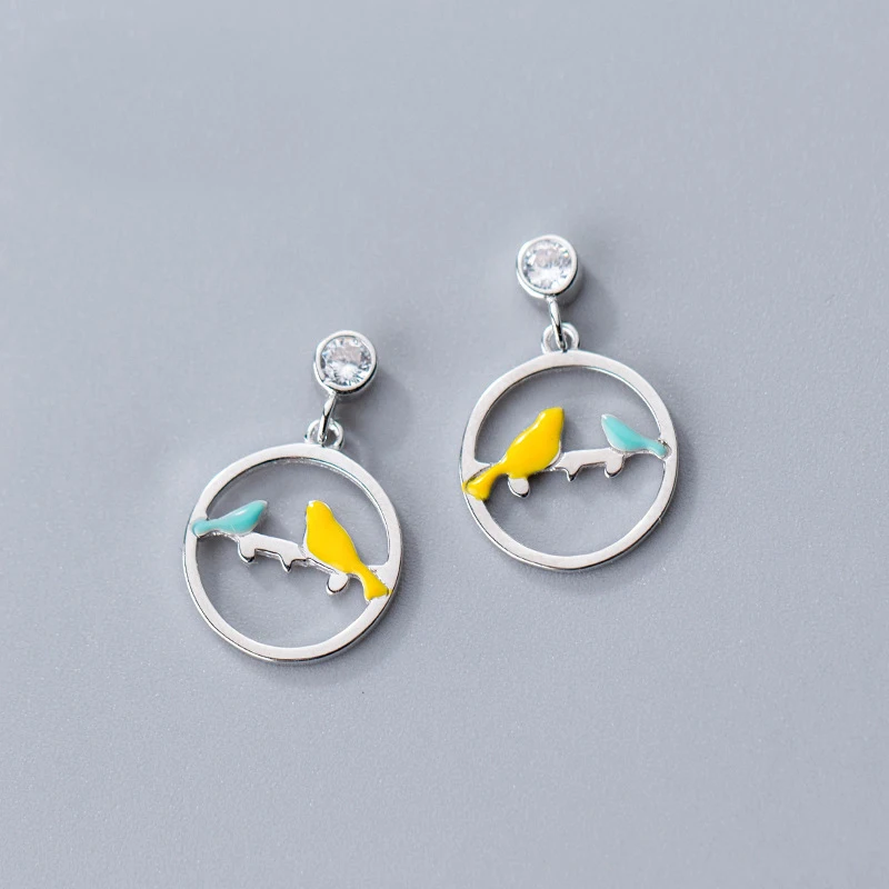 

MloveAcc Hot Sale 100% 925 Sterling Silver Cute Round Circle Drop Earrings with Birds for Women Fashion Jewelry Brincos