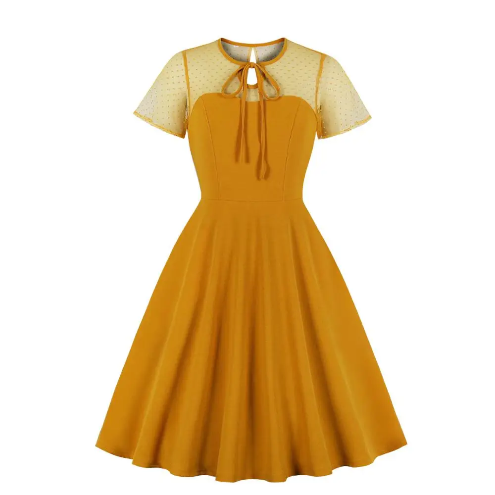 

Women Polka Dots Embroidery Lace Illusion Dress Woman Sheer See Through Sleeves Vintage Dress Retro Swing Little Black Dresses
