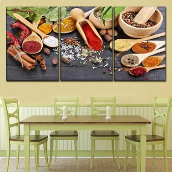 

Round Diamond Painting"3 Panel Food Spoon Grains Spices"Embroidery square drills Mosaic full Rhinestones Restaurant art JS5027