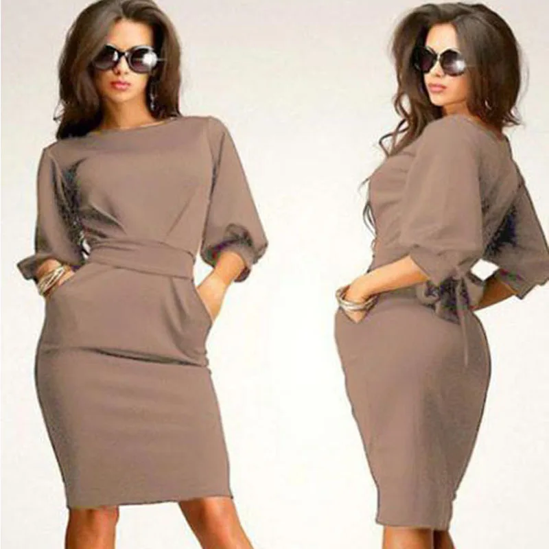 

CHAMSGEND 1PC Womens Working Half Sleeve O-Neck Sheath Casual Office Slim Dress Drop Shipping 4F11*