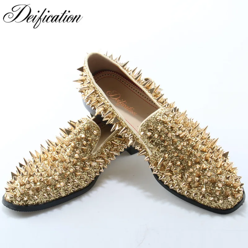 

Deification Fashion Man Wedding Shoes Split Leather Spiked Men Loafers Shoes Slip On Rivets Studded Men Shoes Driving Moccasins