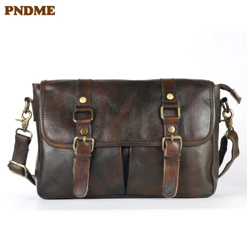 

PNDME fashion vintage high quality first layer cowhide men's messenger bags simple daily soft genuine leather large shoulder bag