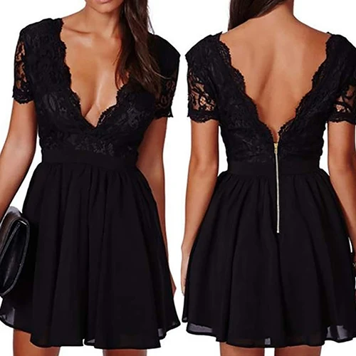 Women's Slim Deep V Neck Backless Lace Short Sleeve Zipper Evening Party Dress | Женская одежда