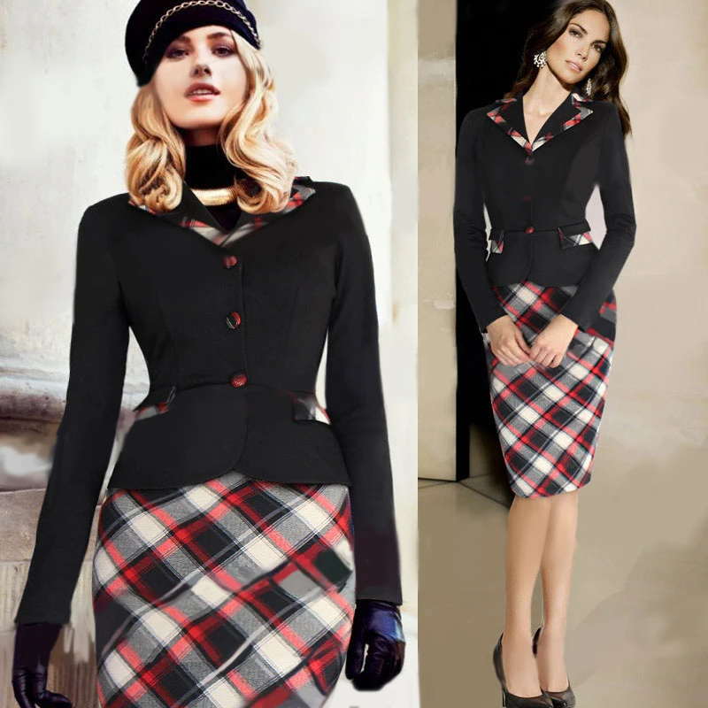 Womens Elegant Colorblock Patchwork font b Tartan b font Check Plaid Wear to Work Business OL