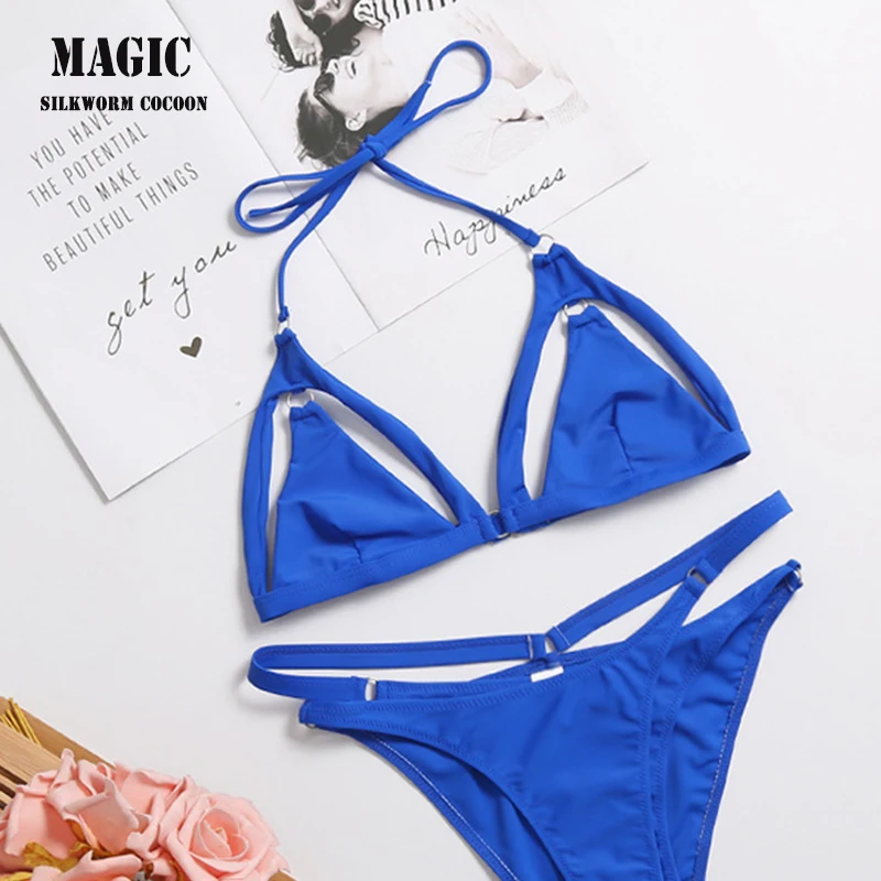 

Blue openwork bandage swimsuit set two-piece swimsuit bikini