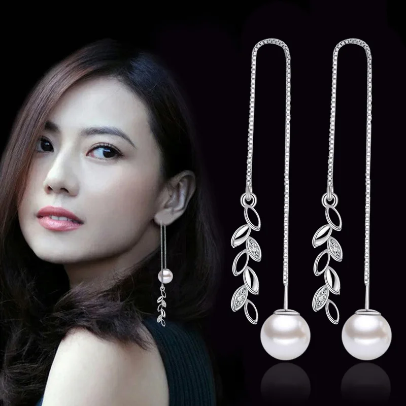 

Romantic Long Ear Line Earrings for Women Silver Color Hollow Out Crystal Leaf Simulated-pearl Drop Earrings Wedding Jewelry