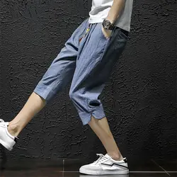Повседневные мужские брюки в китайском стиле; 7 цветов; летние модные хлопковые льняные свободные капри; однотонные шаровары для мужчин