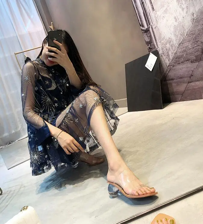 VIISENANTIN Crystal Ball Heel Slippers Women Clear PVC Peep Toe Summer Sandals Fashion New Runway Design Vacation Flip Flops