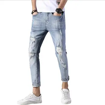 

2018 New Men's Jeans Summer Men's Tide Brand Holes Trousers Boys Stretch Slim Pants Cropped Jeans