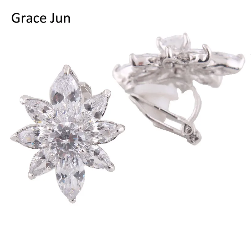 

Grace Jun(TM) 2 Color for Choose Flower Shaped AAA Cubic Zircon Clip on Earrings No Pierced Copper Material No Hole Ear Clip